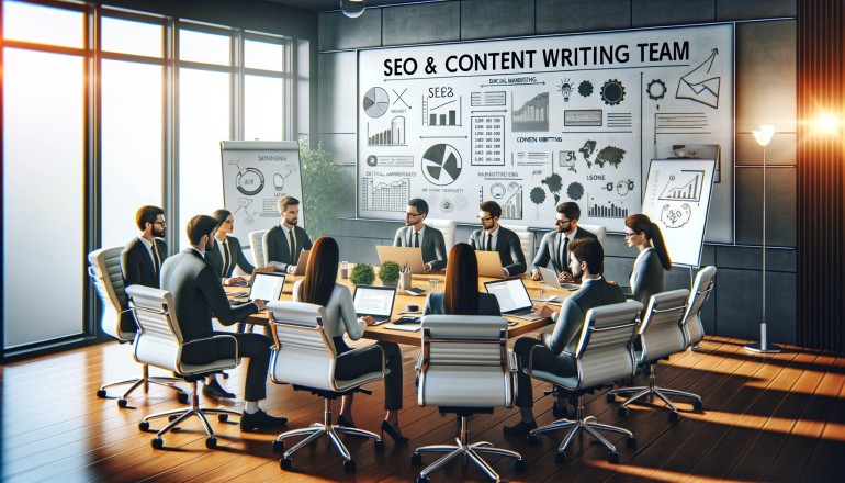 A team of marketing professionals in a meeting room discussing SEO and content writing strategies with laptops and a whiteboard filled with notes.
